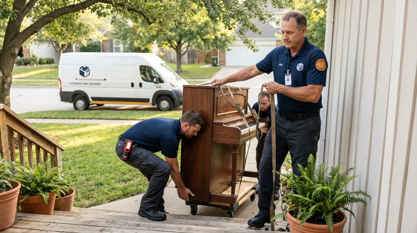 Licensed piano movers securing grand piano in Lincolnton, NC