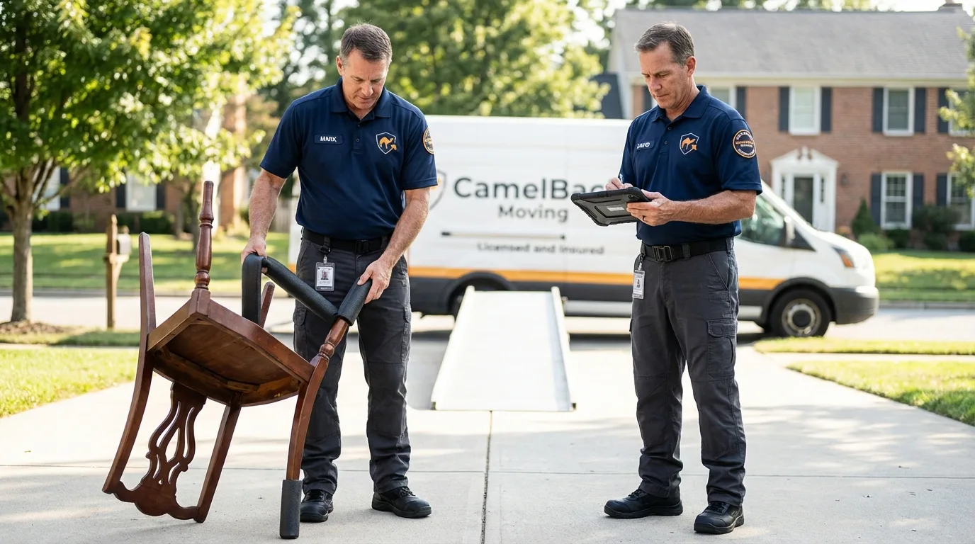 Movers inspecting furniture for damage prevention before loading in Lincolnton, NC