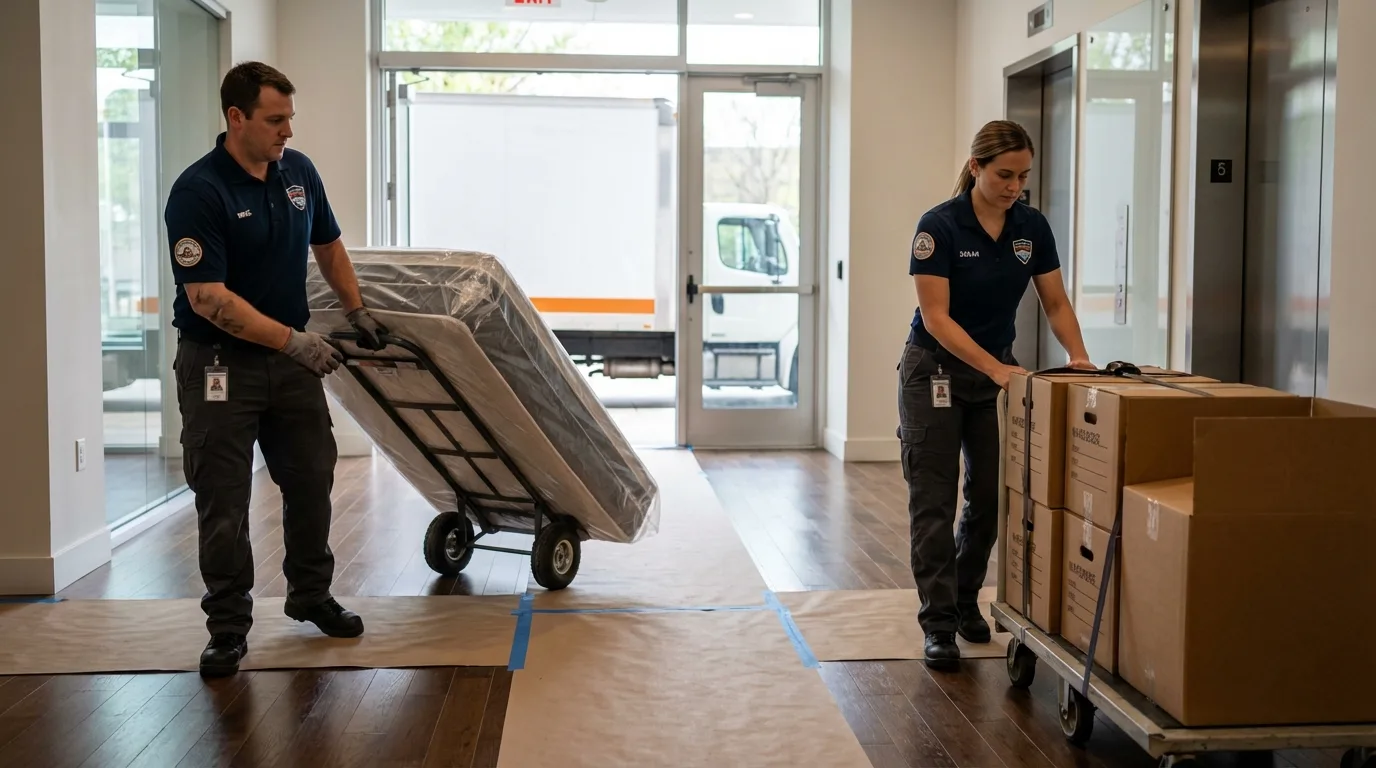 Professional apartment movers loading elevator in Lincolnton, NC