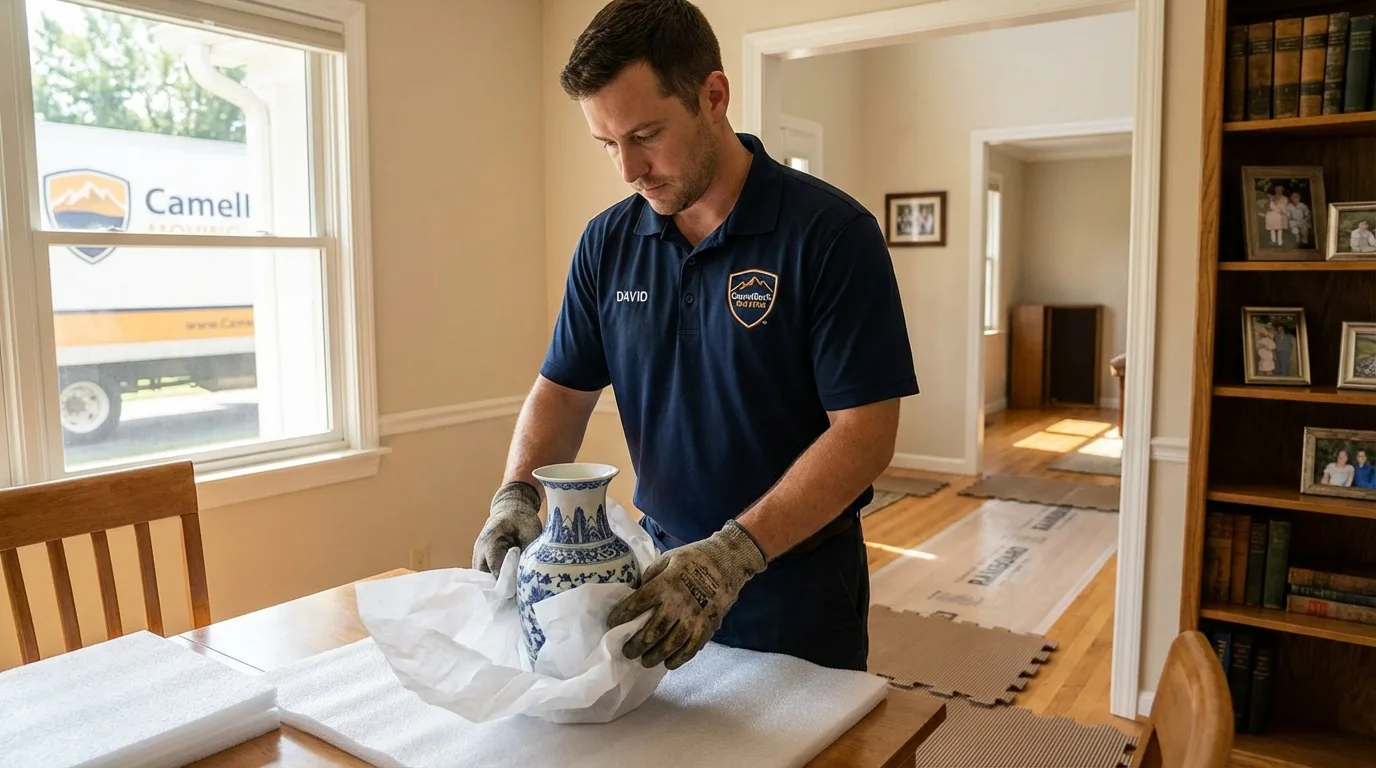 Professional crew carefully wrapping antique vase for senior downsizing move in Lincolnton, NC